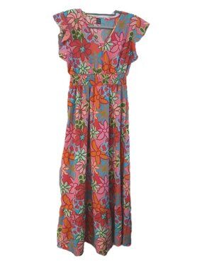 Women's Maxi Dress Size Large Floral Sleeveless Smocked Waist Length 52"